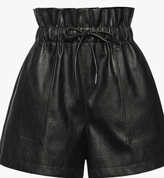 Women’s High Waisted Wide Leg Black Faux Leather Shorts Pockets Size X-SMALL - Picture 1 of 9